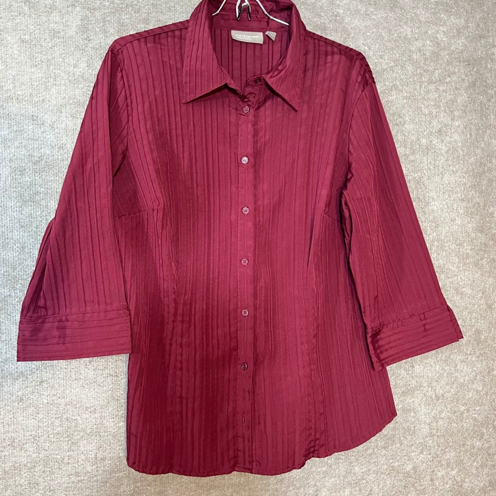 Croft & Barrow Button Down Shirt Womens 1X Burgundy Pleat Rib Stretch Workwear